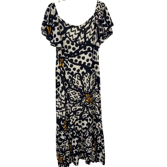 Farm Rio Anthropologie Flutter Sleeve Maxi Dress Black white yellow sz Medium - Picture 5 of 9